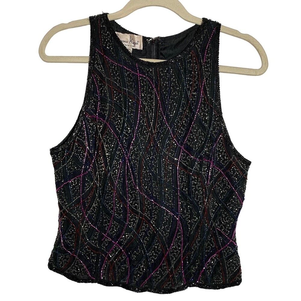 Laurence Kazar Vintage 80's Women's Size L 100% Silk Lined Beaded Sleeveless Top